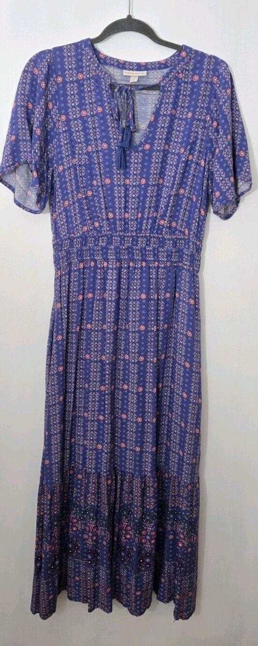 Knox Rose Blue Boho Floral Hippie cottage Smocked Waist Maxi Dress M Tiered Hipp